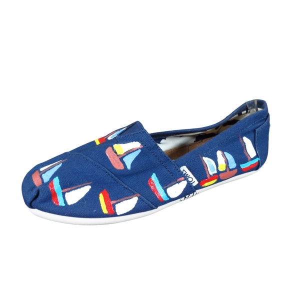 Toms Shoes - TOMS Alpargata Women Slip On Flat Size 6.5 Walking Navy Blue Sailboat Canvas